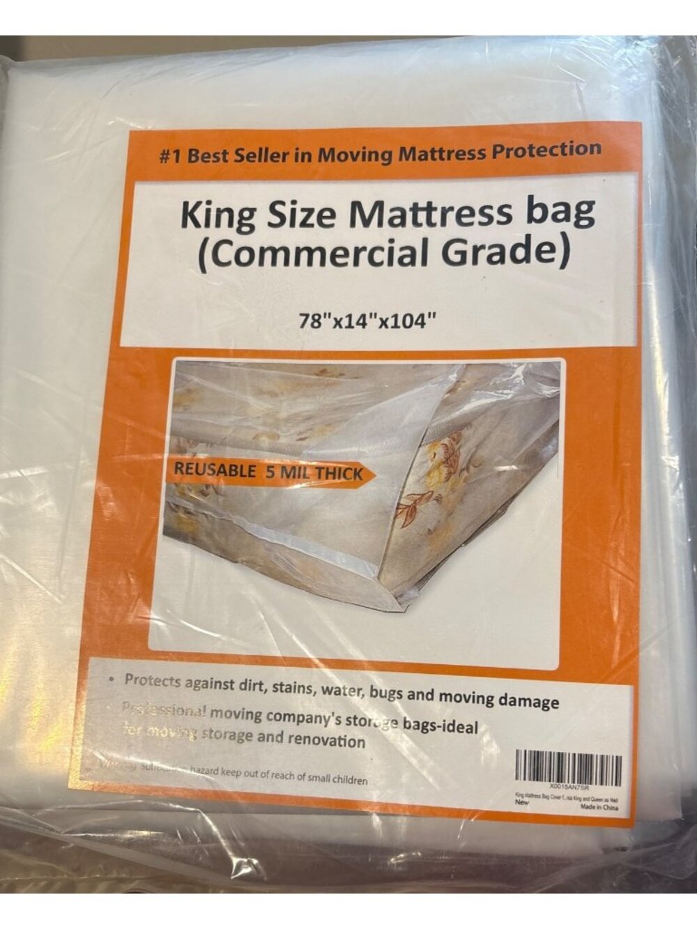 King Size Commercial Grade Mattress Bag 78"x14"x104" Reusable 5 Mil Thick